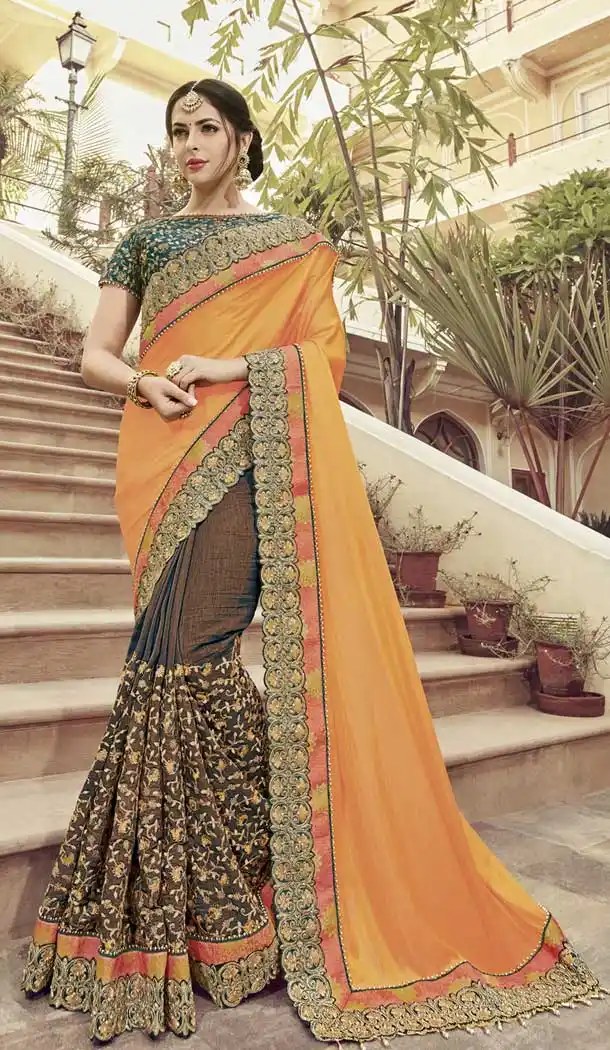 Orange and Brown Color Tone shared Heavy Embroidery Saree | 367043595