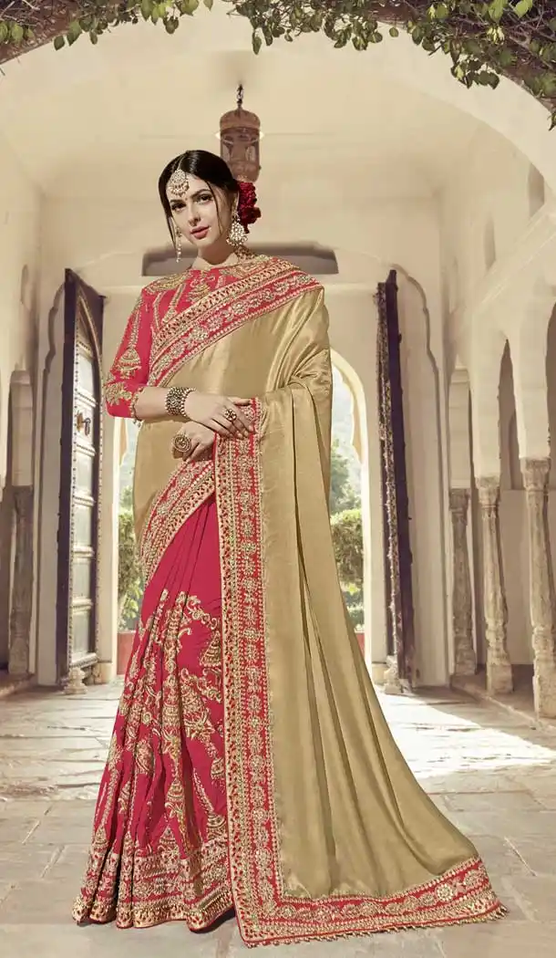 Beige and Red Color two Satin Glitter Heavy Embroidery Saree | 367043596