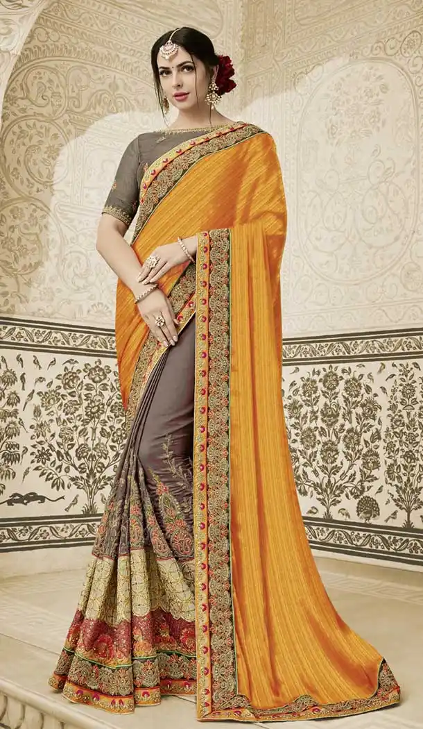 Orange and Grey Color Silk Heavy Embroidery Saree | 367043597