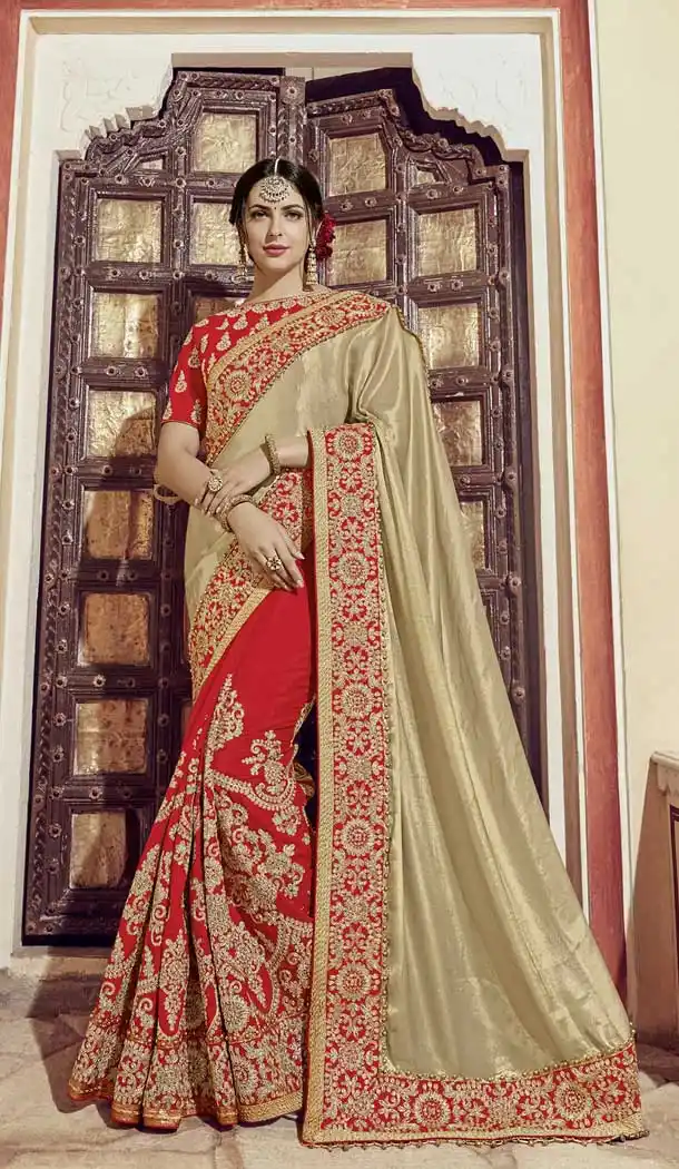 Beige and Red Color Glitter Lycra Heavy Embroidery Saree | 367043598