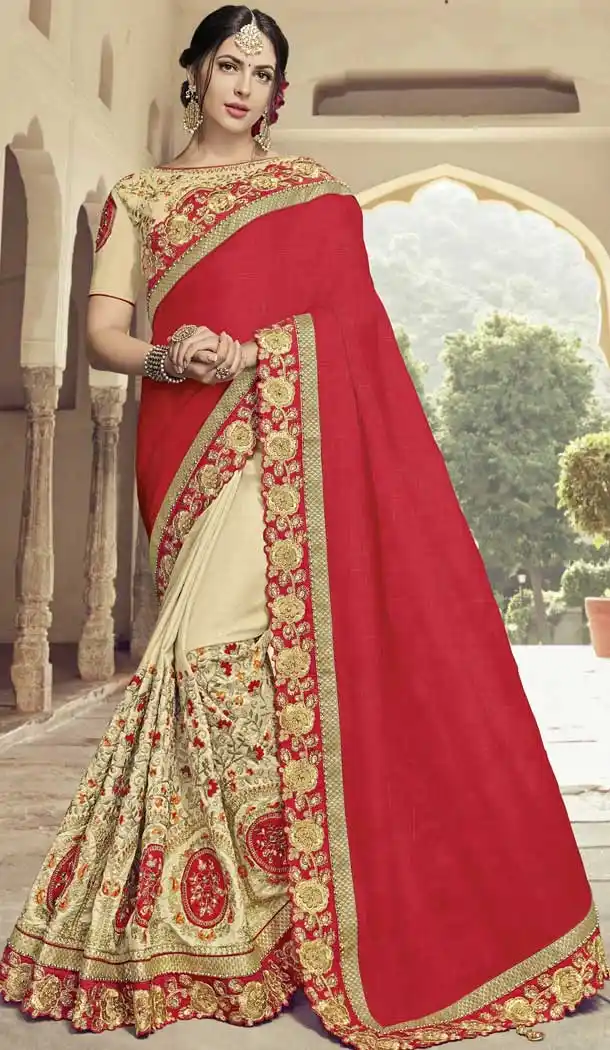 Red and Beige Color Silk Fabrics Heavy Embroidery Saree | 367043600