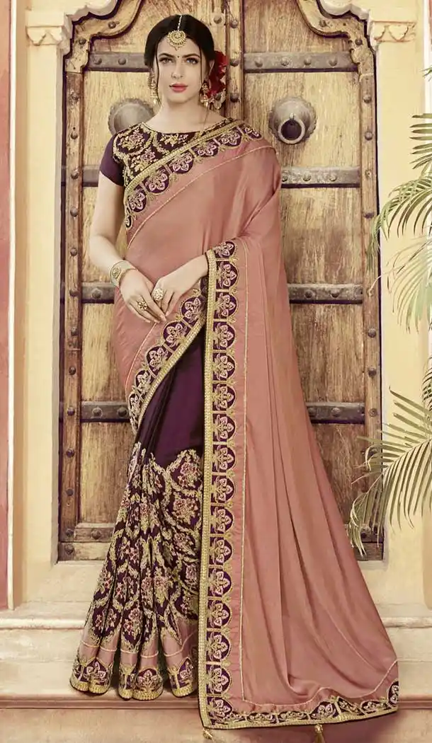 Peach and Maroon Color Two Tone Satin Heavy Embroidery Saree | 367043601