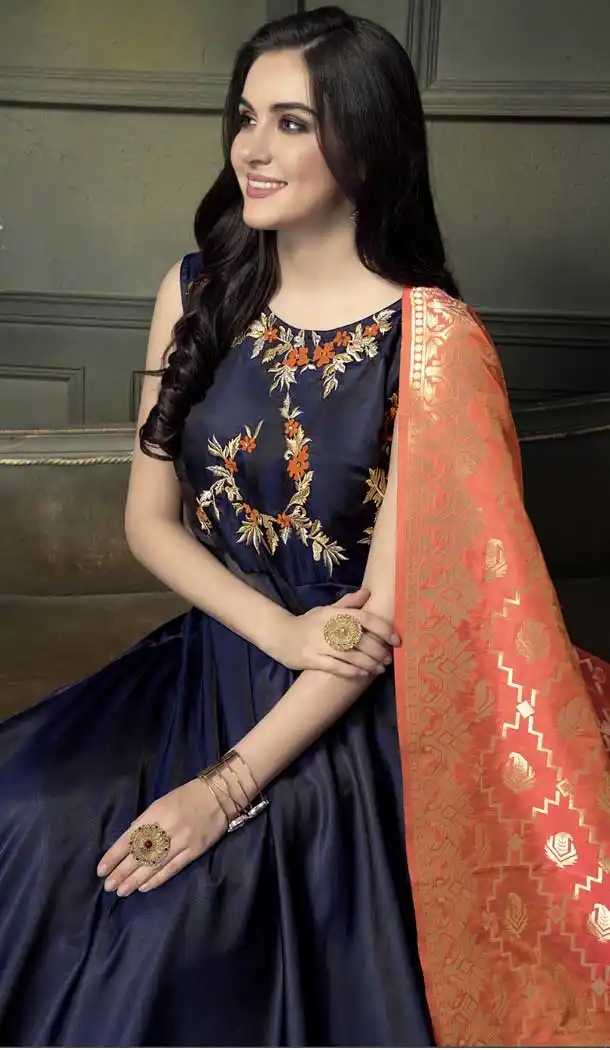 Navy Blue Color Heavy Tapeta Sarteen Silk Designer gown | 369844173