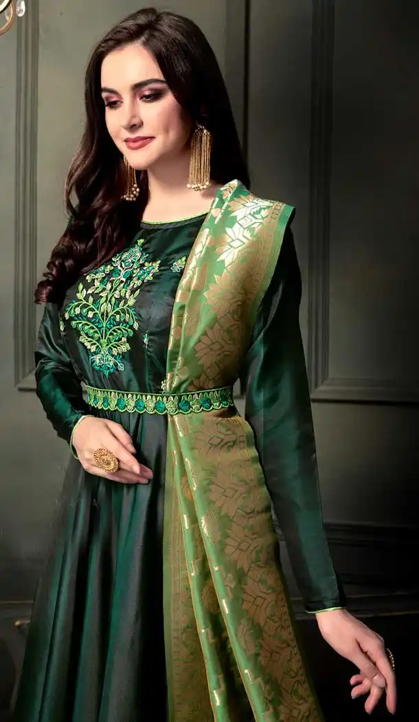 Green Color Heavy Tapeta Sarteen Silk Designer gown | 369844175