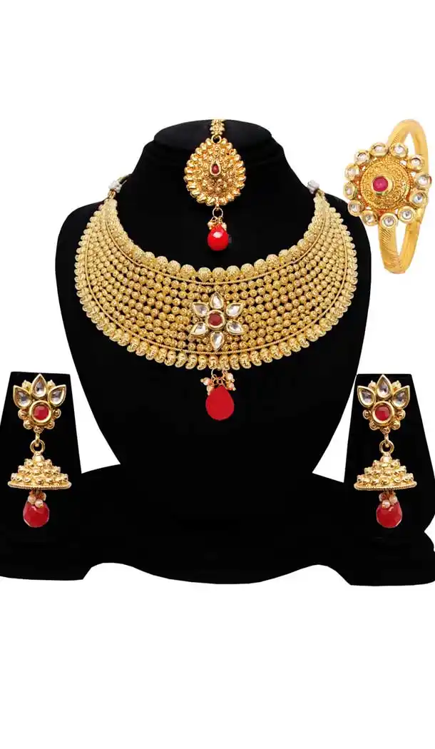 Fabulous Golden & Red Color Gold Plated Wedding Necklace | 368043909