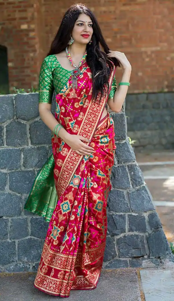 Red, Green Color Banarasi Patola Silk Saree Blouse | 373344589
