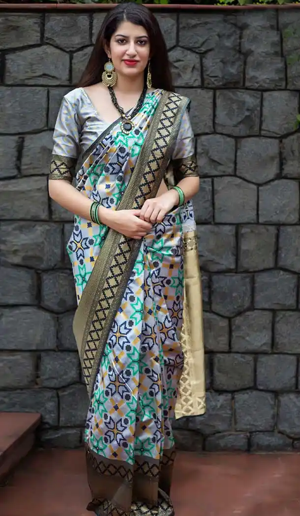 Silver Color Banarasi Patola Silk Saree Blouse | 373344590