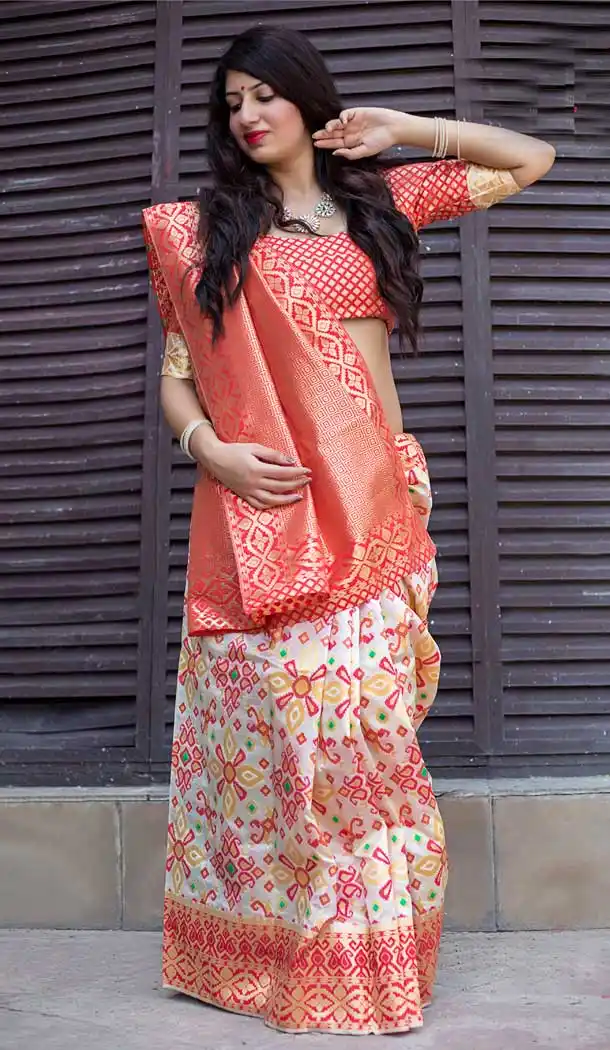 White & Orange Color Banarasi Patola Silk Saree Blouse | 373344591