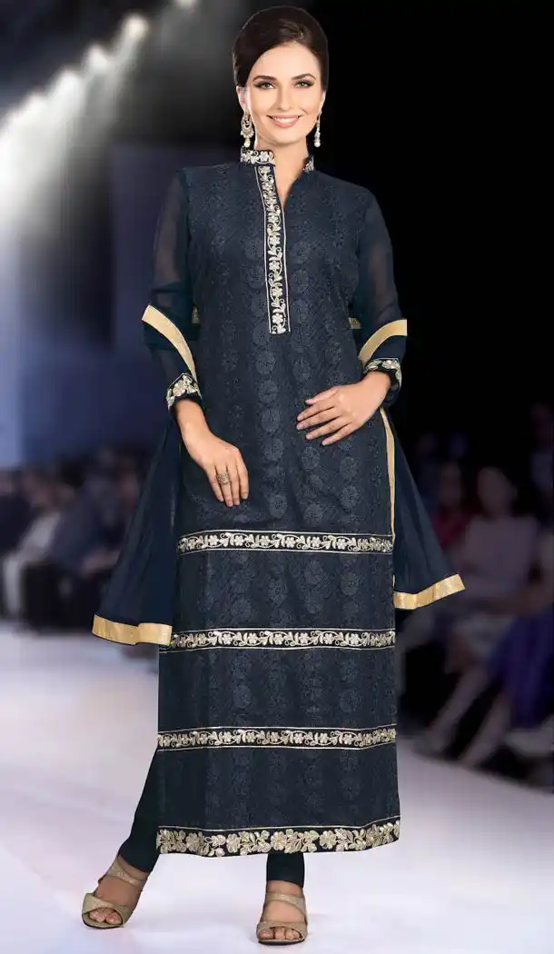 Dark Blue Faux Georgette Churidar Kameez