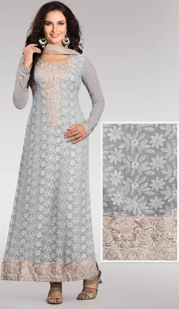 Grey Faux Georgette Churidar Kameez
