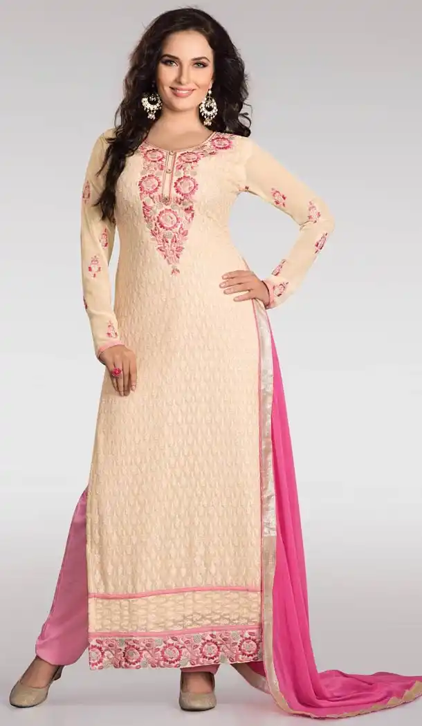 Light Peach Faux Georgette Abaya Style Kameez with Straight Pant