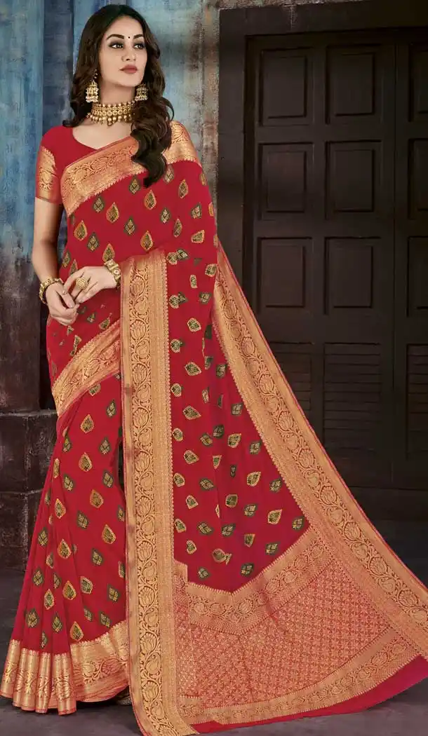 Red Color Chiffon Jaquard Party Wear Saree | 374244682