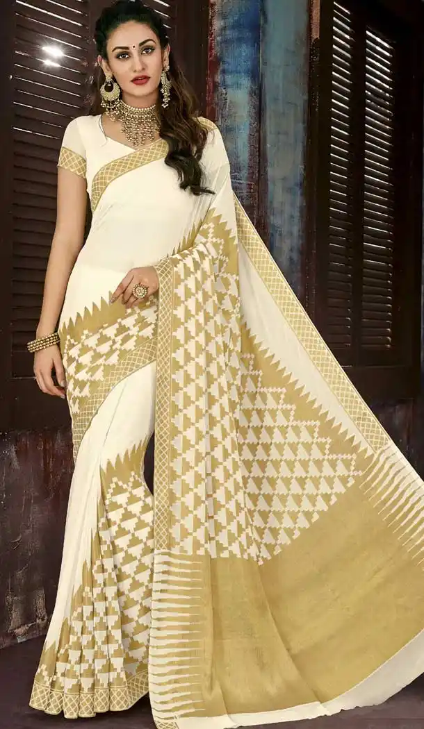 Off White Color Chiffon Jaquard Party Wear Saree | 374244683