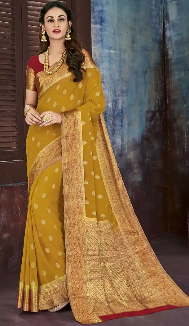 Golden Color Chiffon Jaquard Party Wear Saree | 374244698