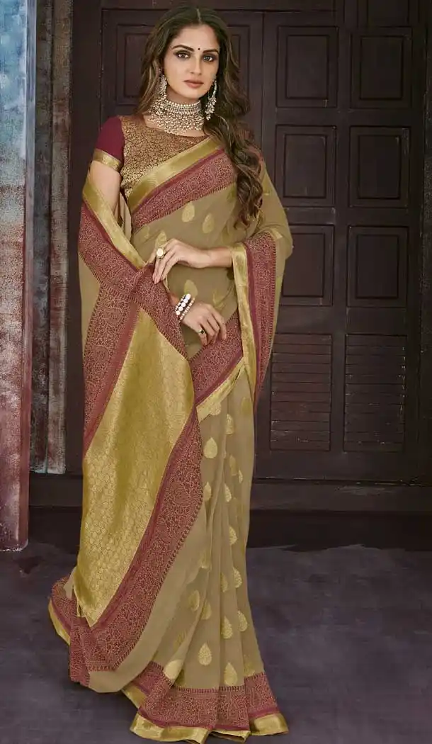 Gold Color Chiffon Jaquard Party Wear Saree | 374244700
