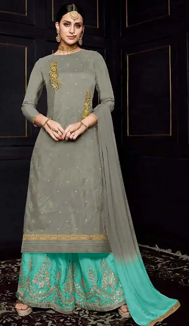 Sage Color Pure viscose Heavy Embroidery Palazzo Suit | 375044812