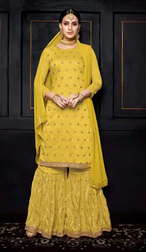Adorable Yellow Color Pure Viscose Heavy Embroidery Palazzo Suit | 375044813