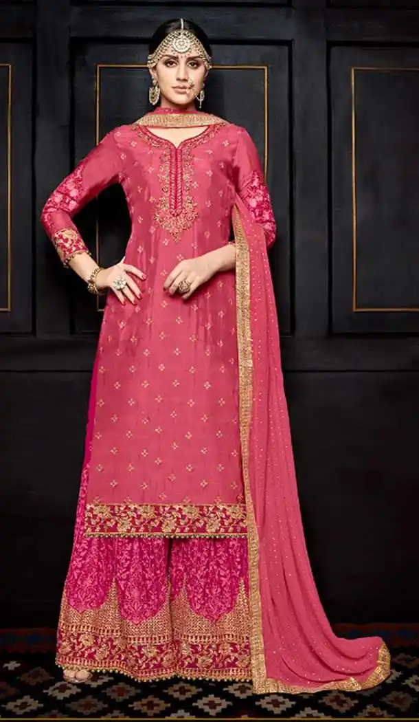 Marvelous Cerise Color Pure Viscose Heavy Embroidery Palazzo Suit | 375044814