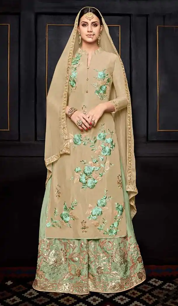 Unique Tan Color Pure Viscose Heavy Embroidery Palazzo Suit | 375044815