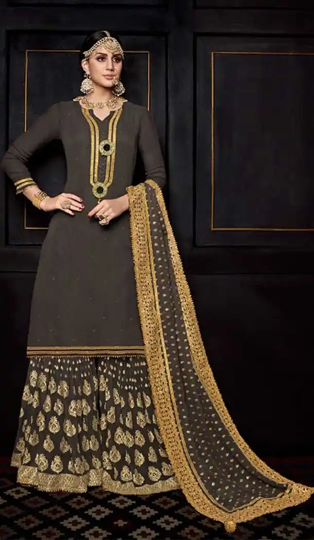 Coffee Color Pure Viscose Heavy Embroidery Palazzo Suit | 375044816