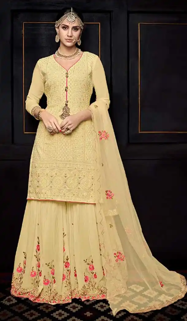 Alluring Cream Color Pure Viscose Heavy Embroidery Palazzo Suit | 375044818