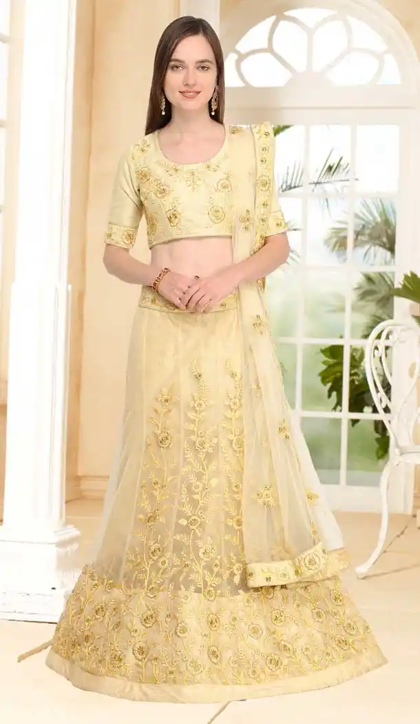 Beige Color Silk Embroidery A Line Lehenga Choli | 375144819