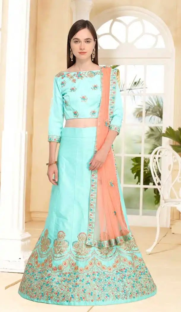 Aesthetic Aqua Color Silk Embroidery A Line Lehenga Choli | 375144823