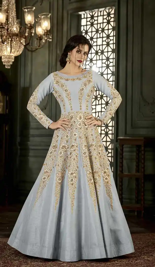 Splendorous Silver Color Mulbbury Silk Long Anarkali Salwar Kamez | 375544845