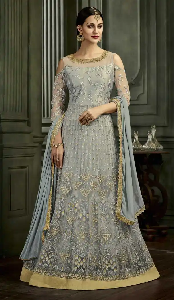 Exotic Grey Color Mulbbury Silk Long Anarkali Salwar Kamez | 375544847