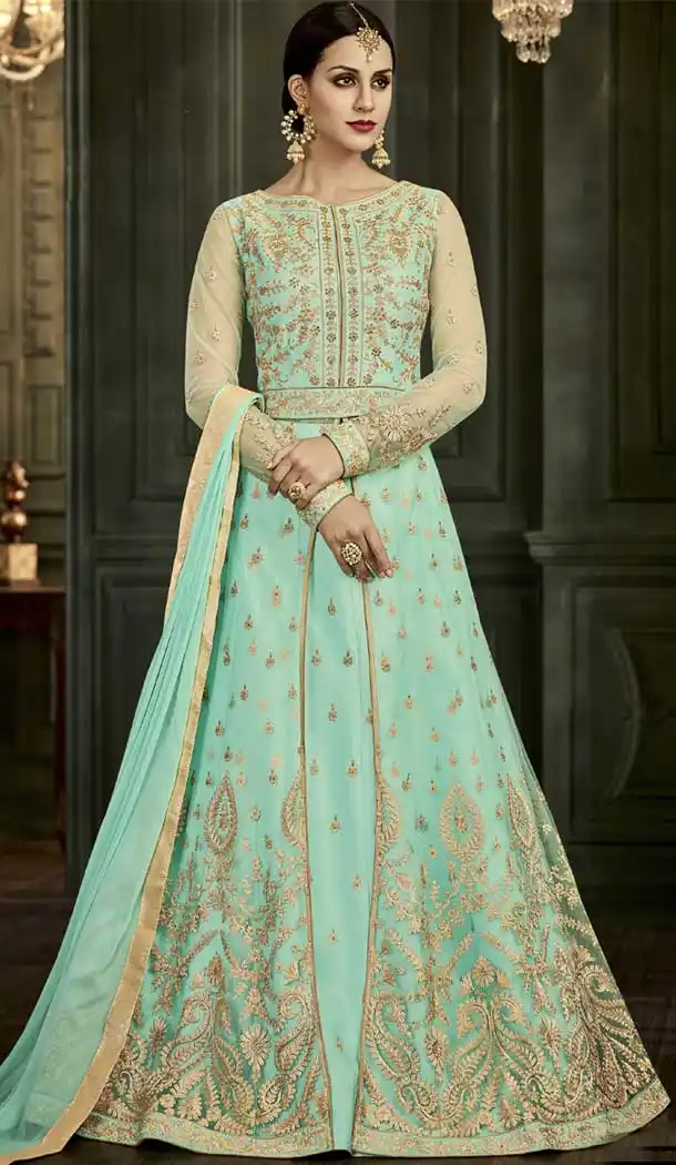 Exotic Aque Color Mulbbury Silk Long Anarkali Salwar Kamez | 375544848