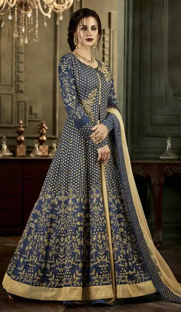 Exotic Blue Color Mulbbury Silk Long Anarkali Salwar Kamez | 375544849