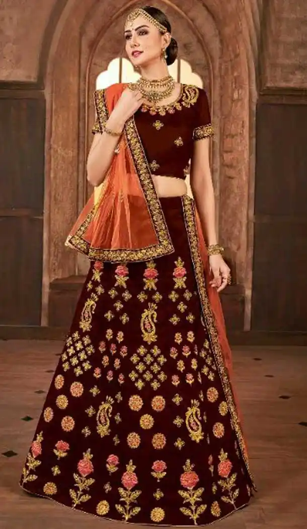 Fascinating Wine Color Satin Silk Mehenga and Ceremony Lehenga | 375844877