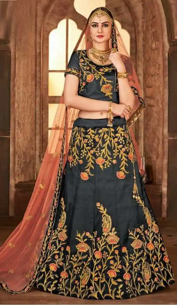 Magnificient Black Color Satin Silk Mehenga and Ceremony Lehenga | 375844878