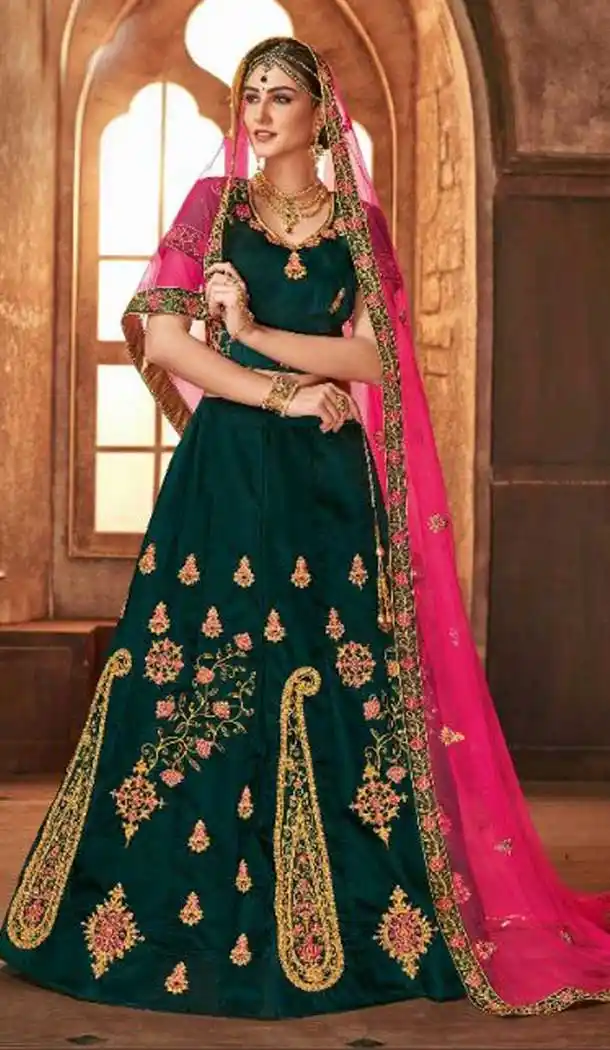 Enigmatic Dark Green Color Satin Silk Mehenga and Ceremony Lehenga | 375844882