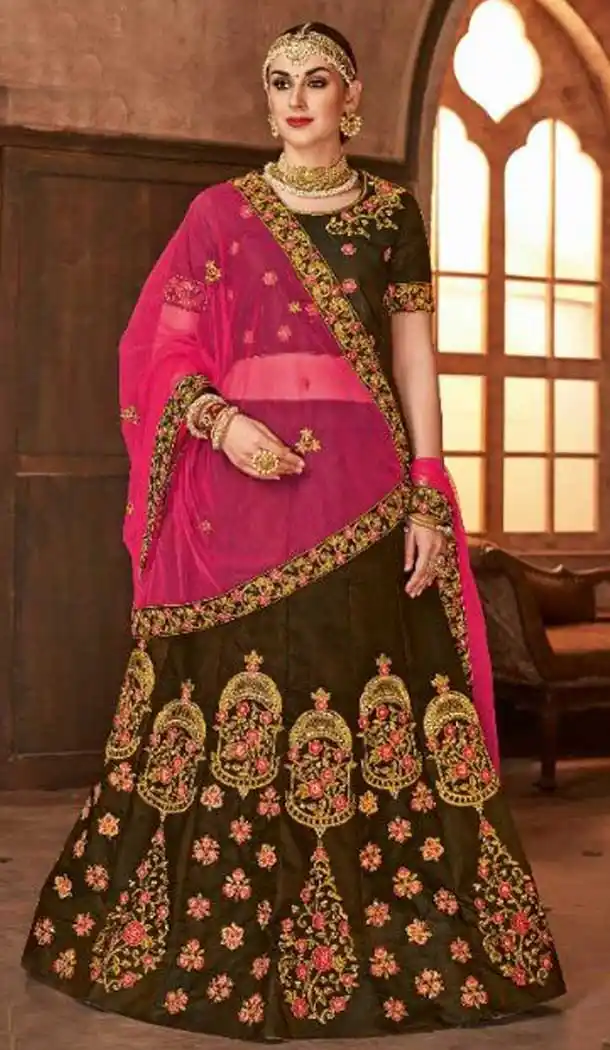 Alluring Coffee Color Satin Silk Mehenga and Ceremony Lehenga | 375844883