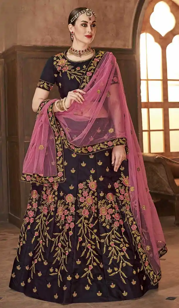 Chic Coffee Color Satin Silk Mehenga and Ceremony Lehenga | 375844885