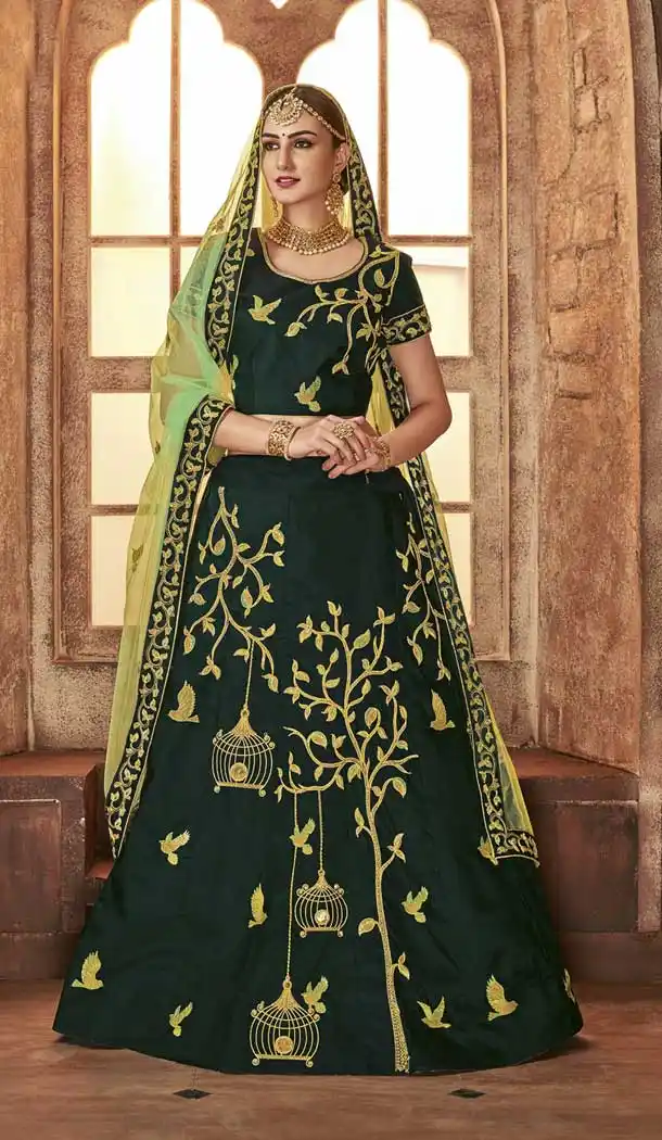 Mehendi Green Color Satin Silk Mehenga and Ceremony Lehenga | 375844887