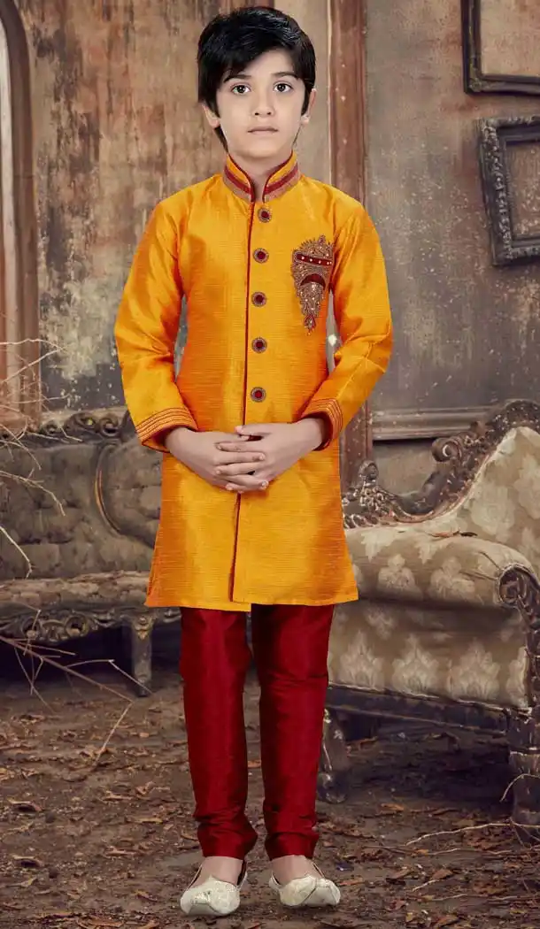 Ethnic Mango Color Nano Silk Readymade Boy Kurta Pajama | 369744138