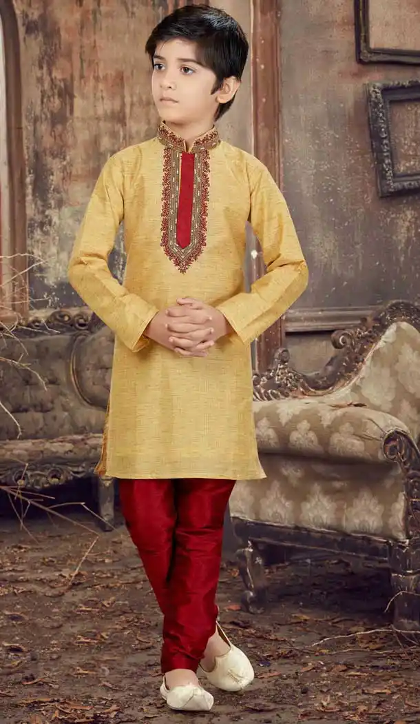 Gold Color Banglore Silk Readymade Boy Kurta Pajama | 369744141