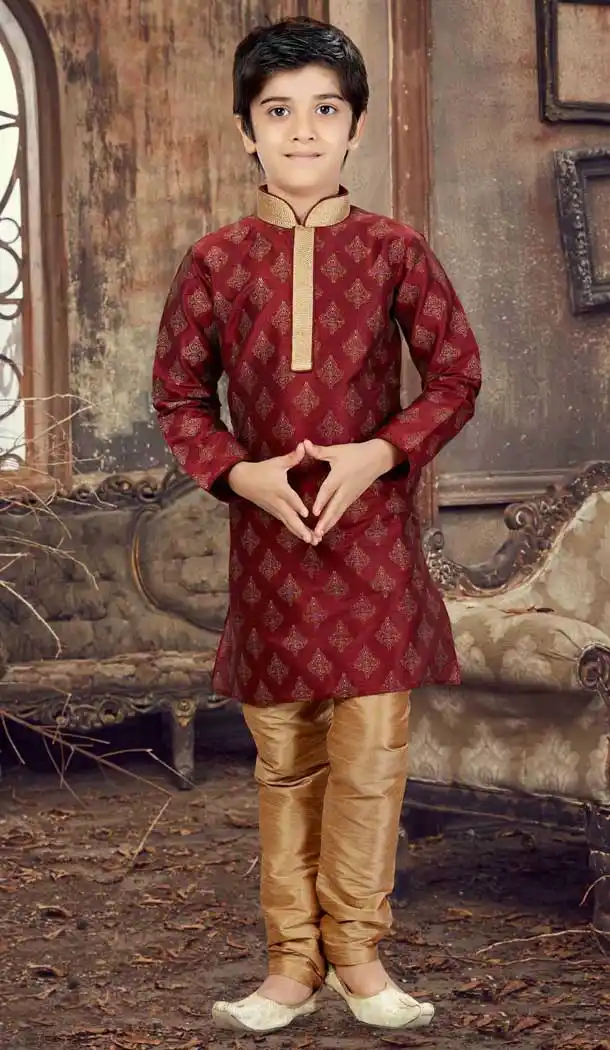 Maroon Color Printed Art Silk Readymade Boy Kurta Pajama | 369744145