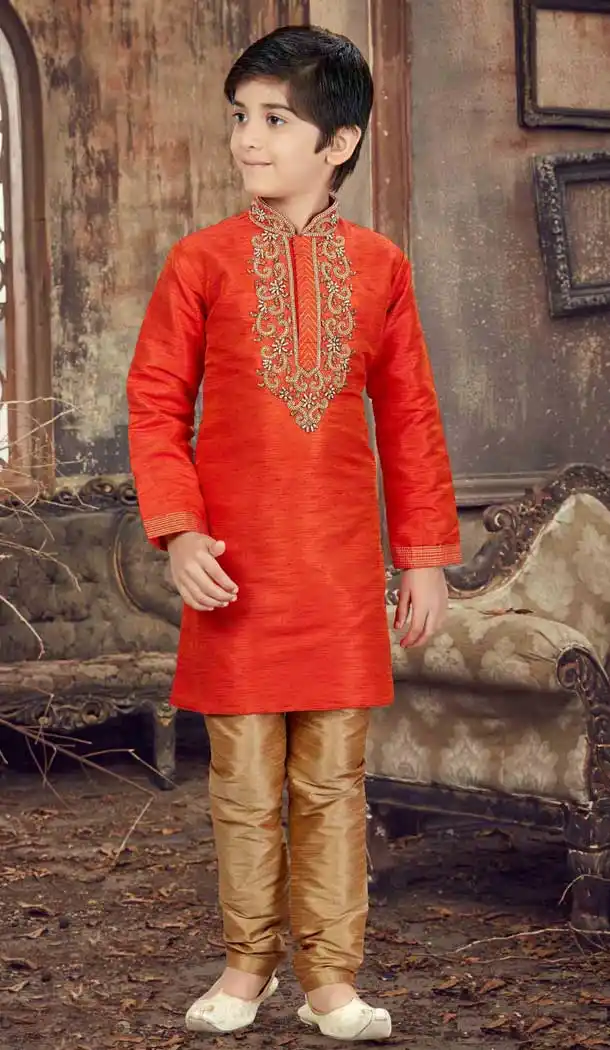 Traditional Rust Color Printed Art Silk Readymade Boy Kurta Pajama | 369744146