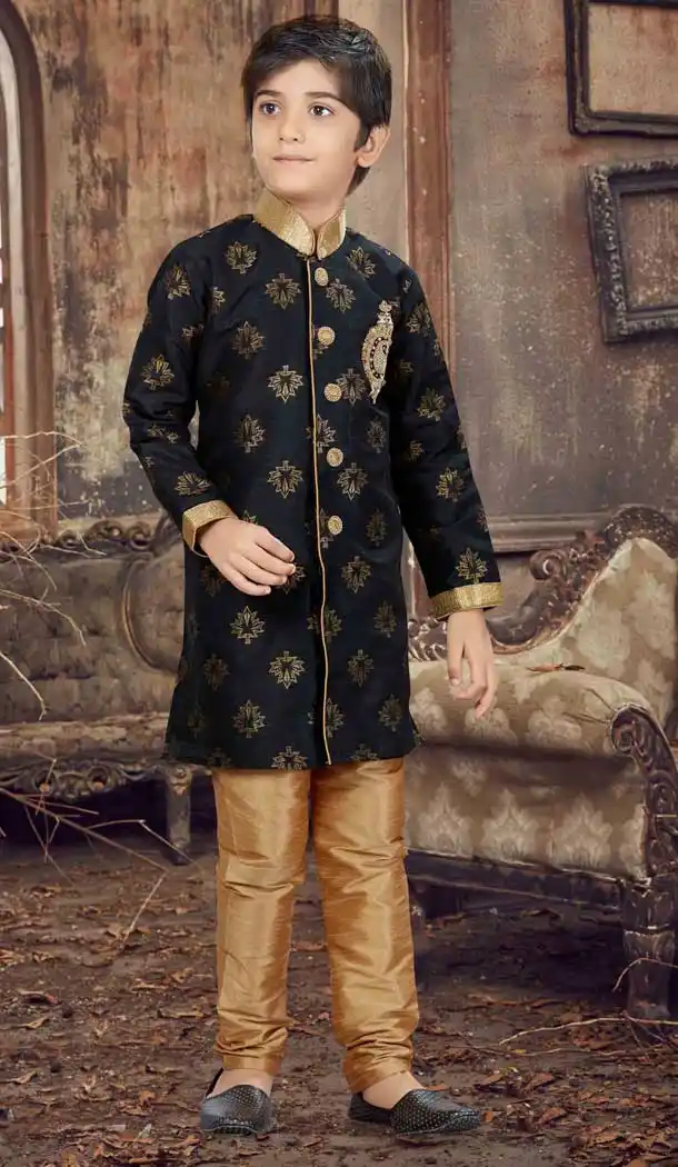 Black Color Printed Art Silk Readymade Boy Kurta Pajama | 369744147