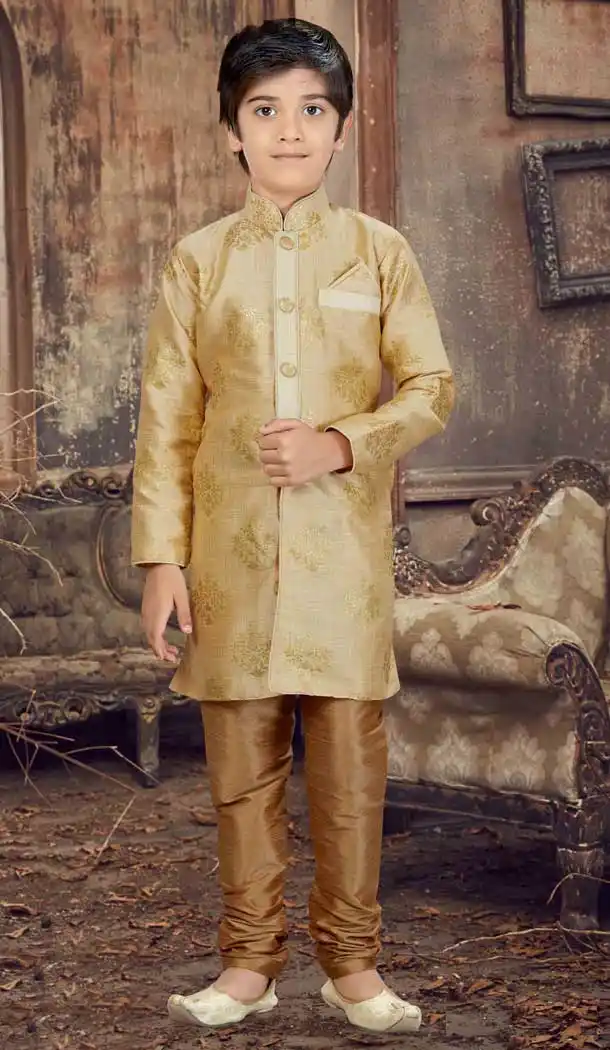 Gold Color Printed Silk Readymade Boy Kurta Pajama | 369744149