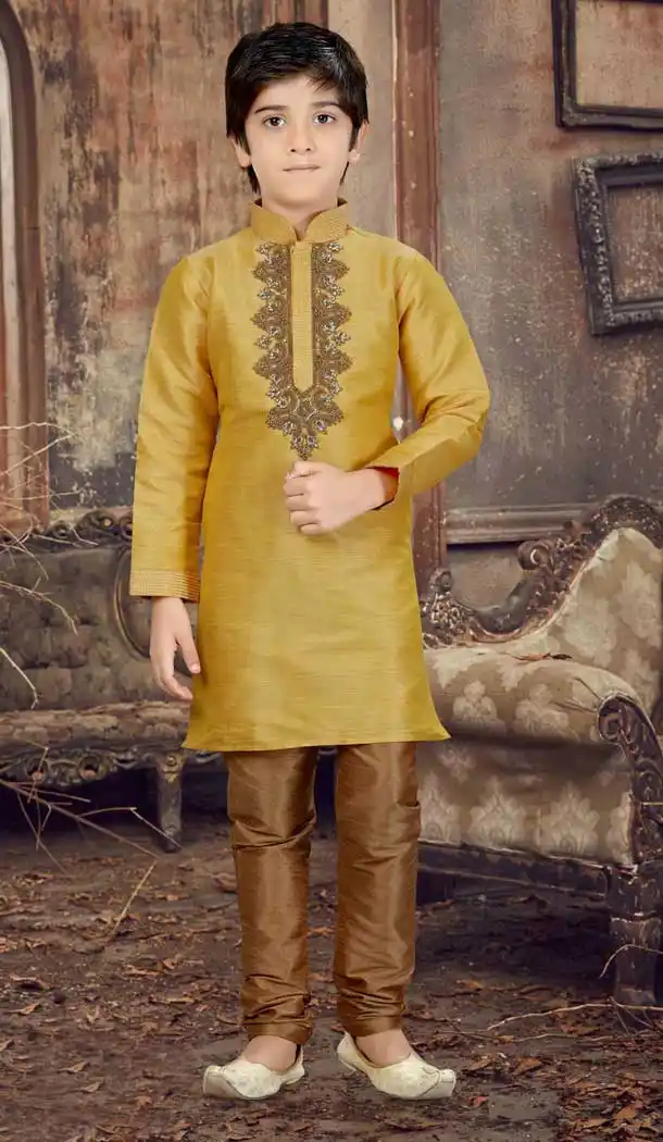 Dark Gold Color Banglore Silk Readymade Boy Kurta Pajama | 369744150