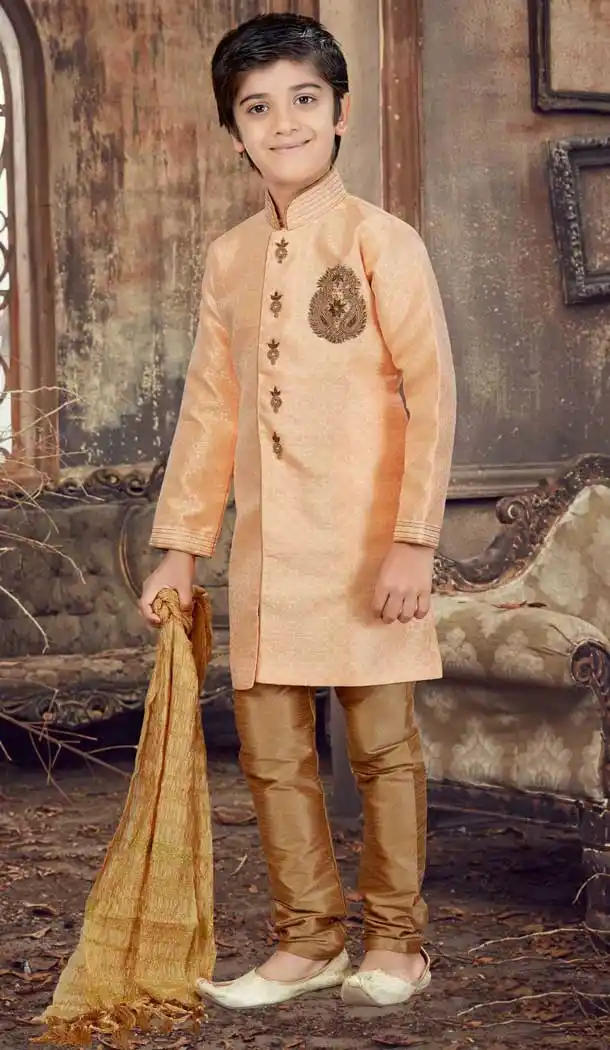 Peach Color Banarasi Jaquard Readymade Boy Kurta Pajama | 369744151