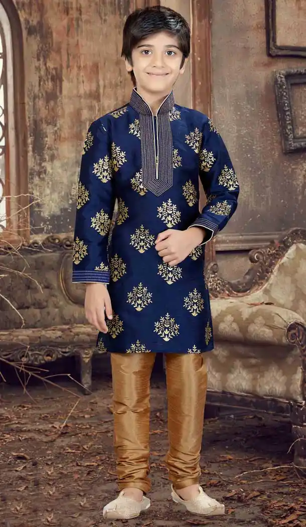 Navy Blue Color Printed Silk Readymade Boy Kurta Pajama | 369744152