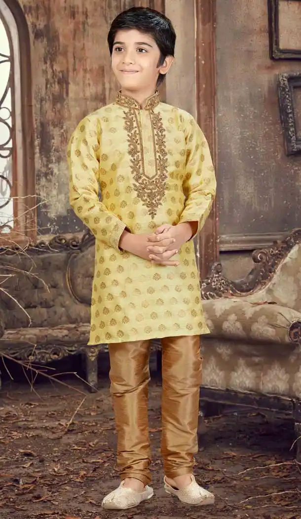 Gold Color Banarasi Jacquard Readymade Boy Kurta Pajama | 369744153