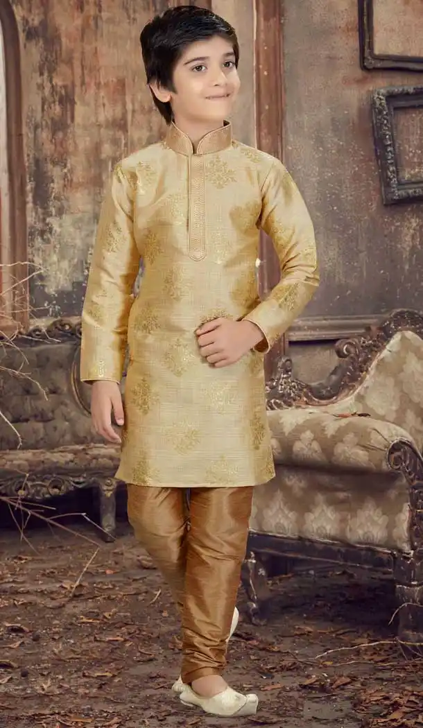 Gold Color Printed Silk Readymade Boy Kurta Pajama | 369744155