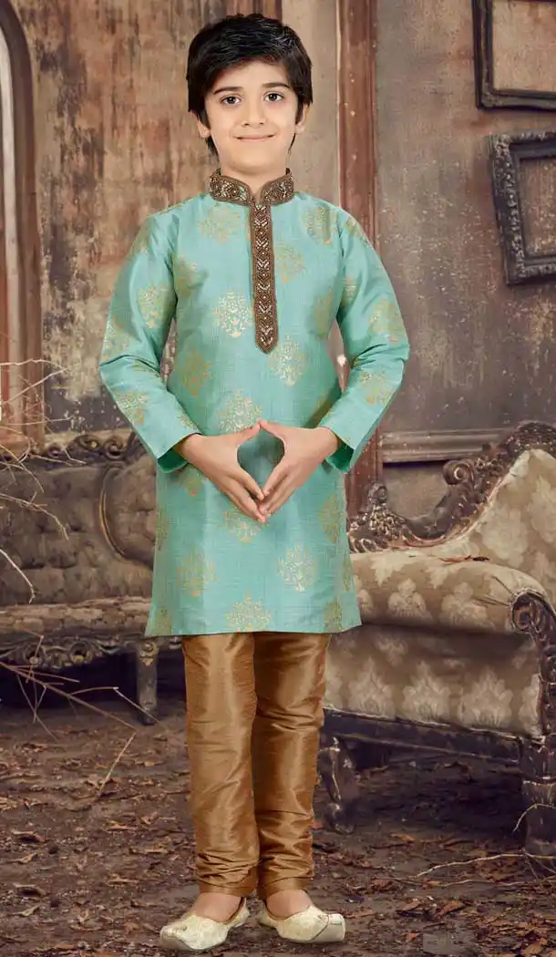 Pista Green Color Printed Silk Readymade Boy Kurta Pajama | 369744157
