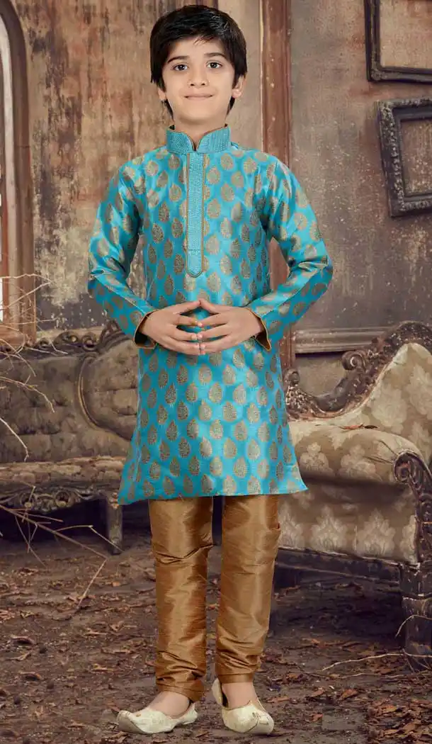 Firozi Color Jacquard Readymade Boy Kurta Pajama | 369744158